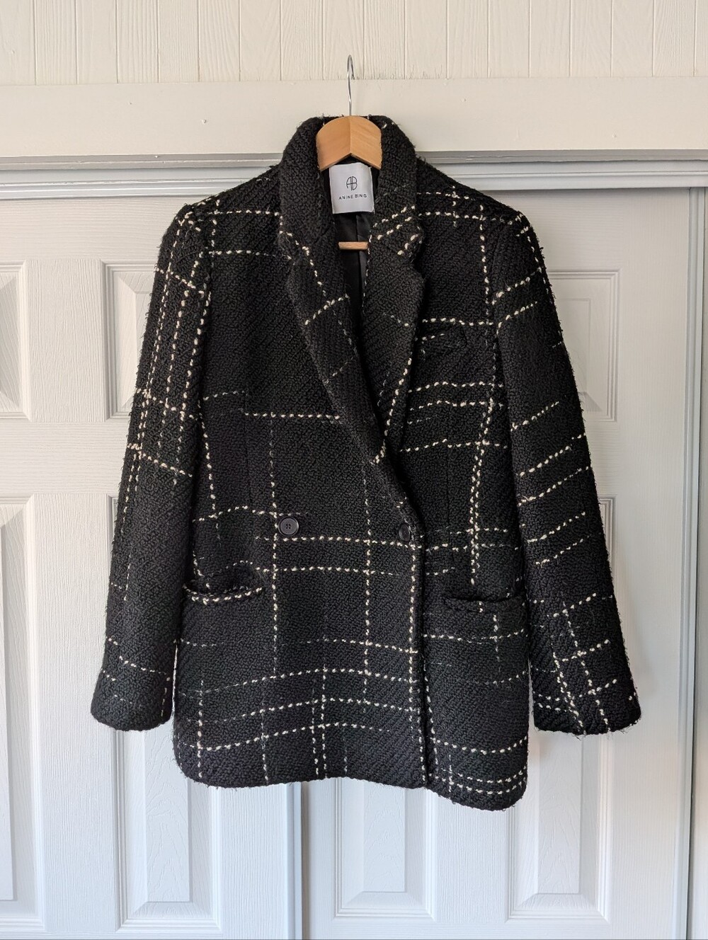 Anine Bing Kaia Blazer Coat Black Wool Blend Plaid Oversized Fall Winter XS